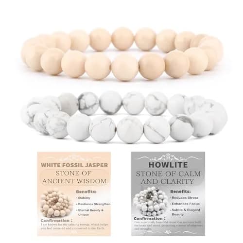 NCB Natural Crystal Gemstone Stretch Bracelets (8mm Howlite, White Fossil Jasper) | Handmade Reiki Healing Jewelry for Meditation, Yoga — 8mm / 2PCS ( Howlite+White Fossil Jasper )