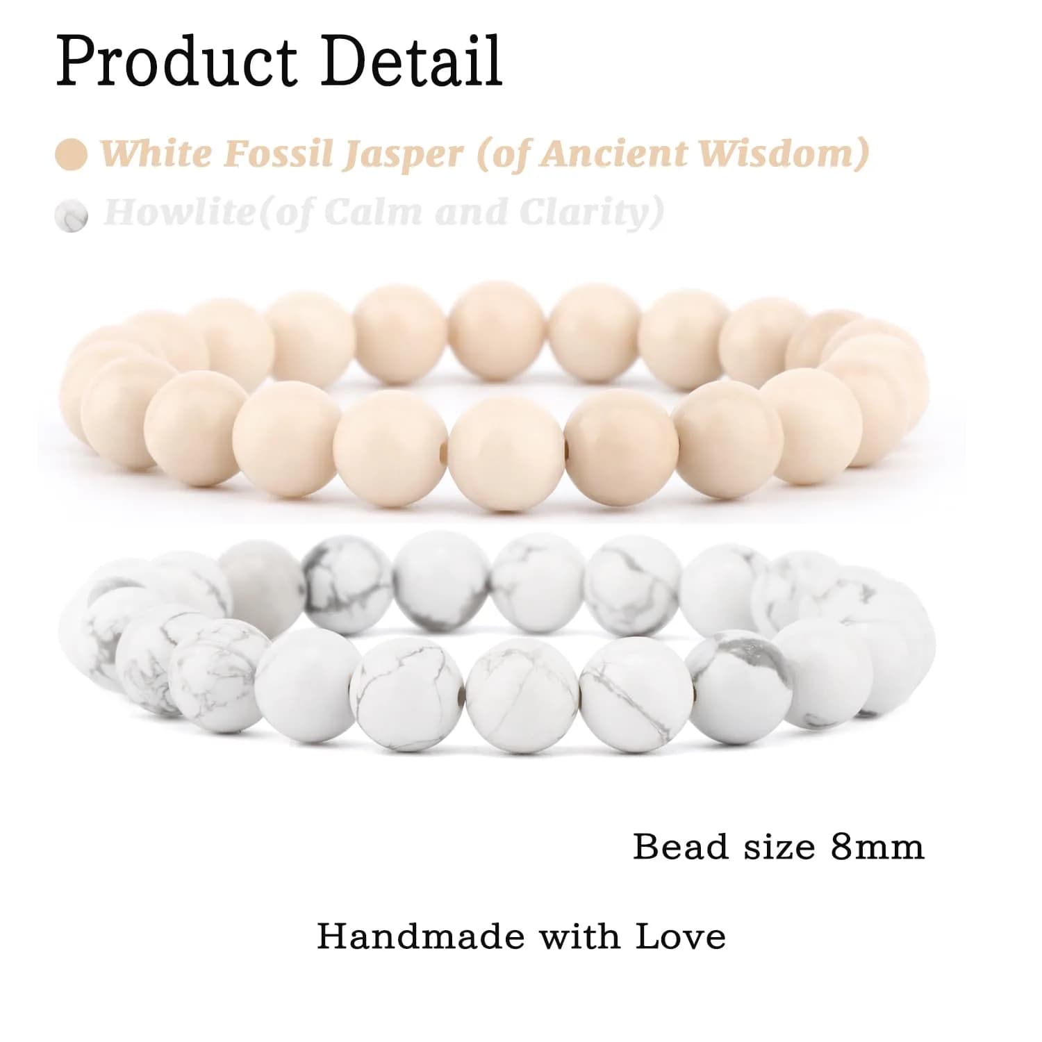 NCB Natural Crystal Gemstone Stretch Bracelets (8mm Howlite, White Fossil Jasper) | Handmade Reiki Healing Jewelry for Meditation, Yoga