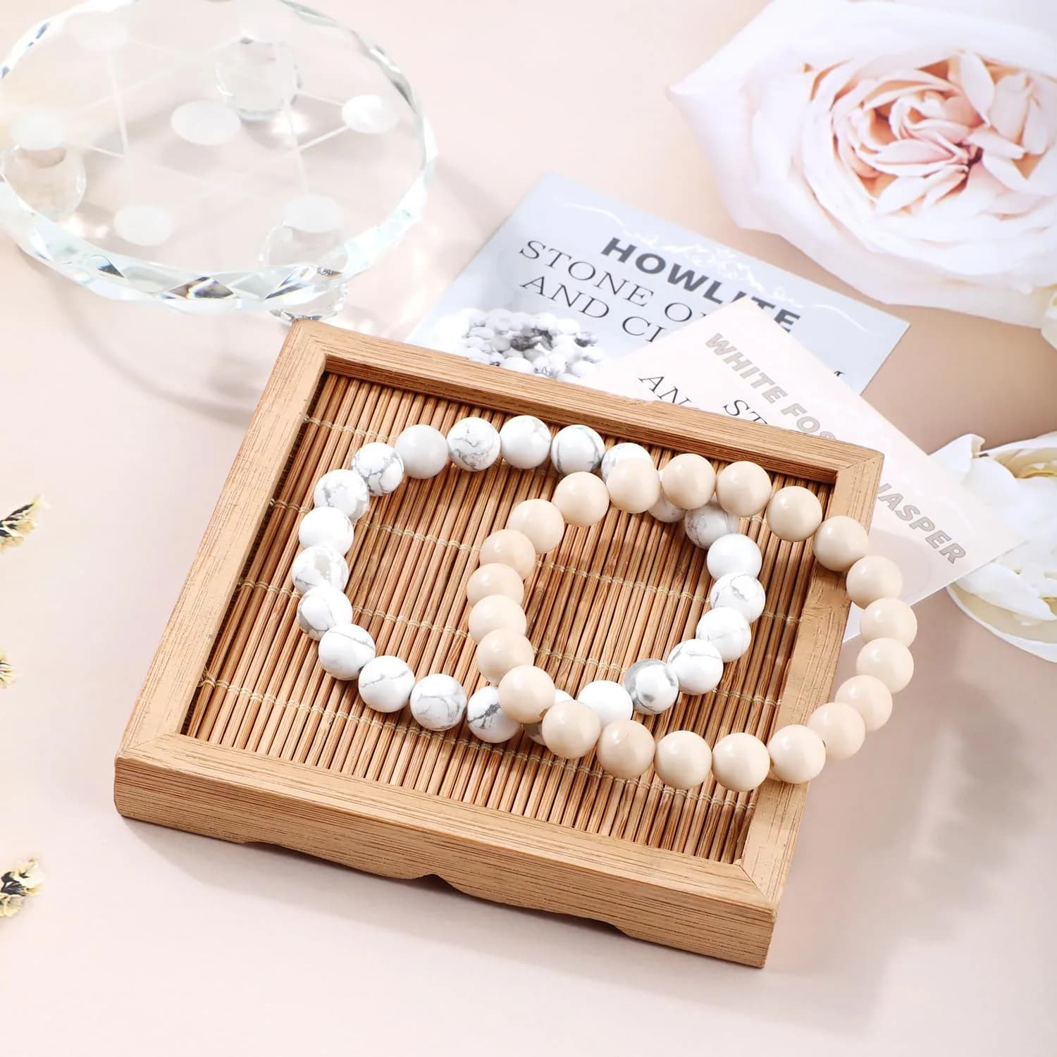 NCB Natural Crystal Gemstone Stretch Bracelets (8mm Howlite, White Fossil Jasper) | Handmade Reiki Healing Jewelry for Meditation, Yoga thumbnail 2