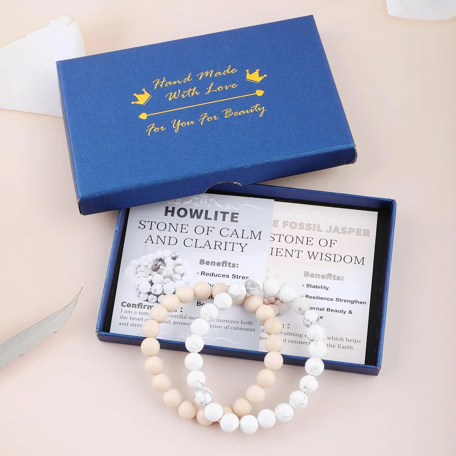 NCB Natural Crystal Gemstone Stretch Bracelets (8mm Howlite, White Fossil Jasper) | Handmade Reiki Healing Jewelry for Meditation, Yoga thumbnail 3