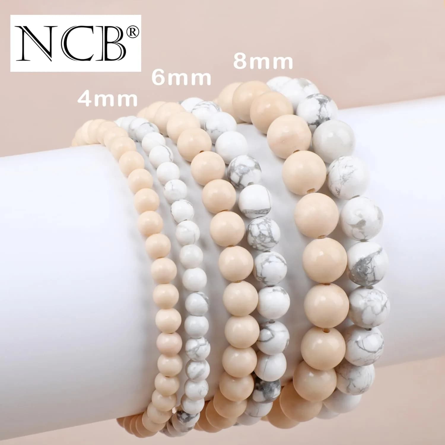 NCB Natural Crystal Gemstone Stretch Bracelets (8mm Howlite, White Fossil Jasper) | Handmade Reiki Healing Jewelry for Meditation, Yoga thumbnail 4