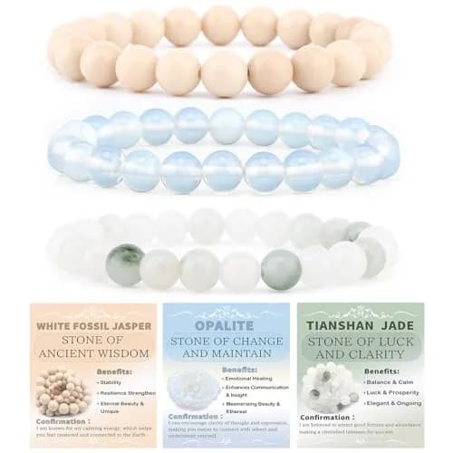 NCB Natural Crystal Gemstone Stretch Bracelets - Opalite, Tianshan Jade, White Fossil Jasper (3-Pack, 4mm) | Authentic USA Import for Meditation & Yoga — 4mm / 3PCS ( Opalite+Tianshan Jade+White Fossil Jasper )
