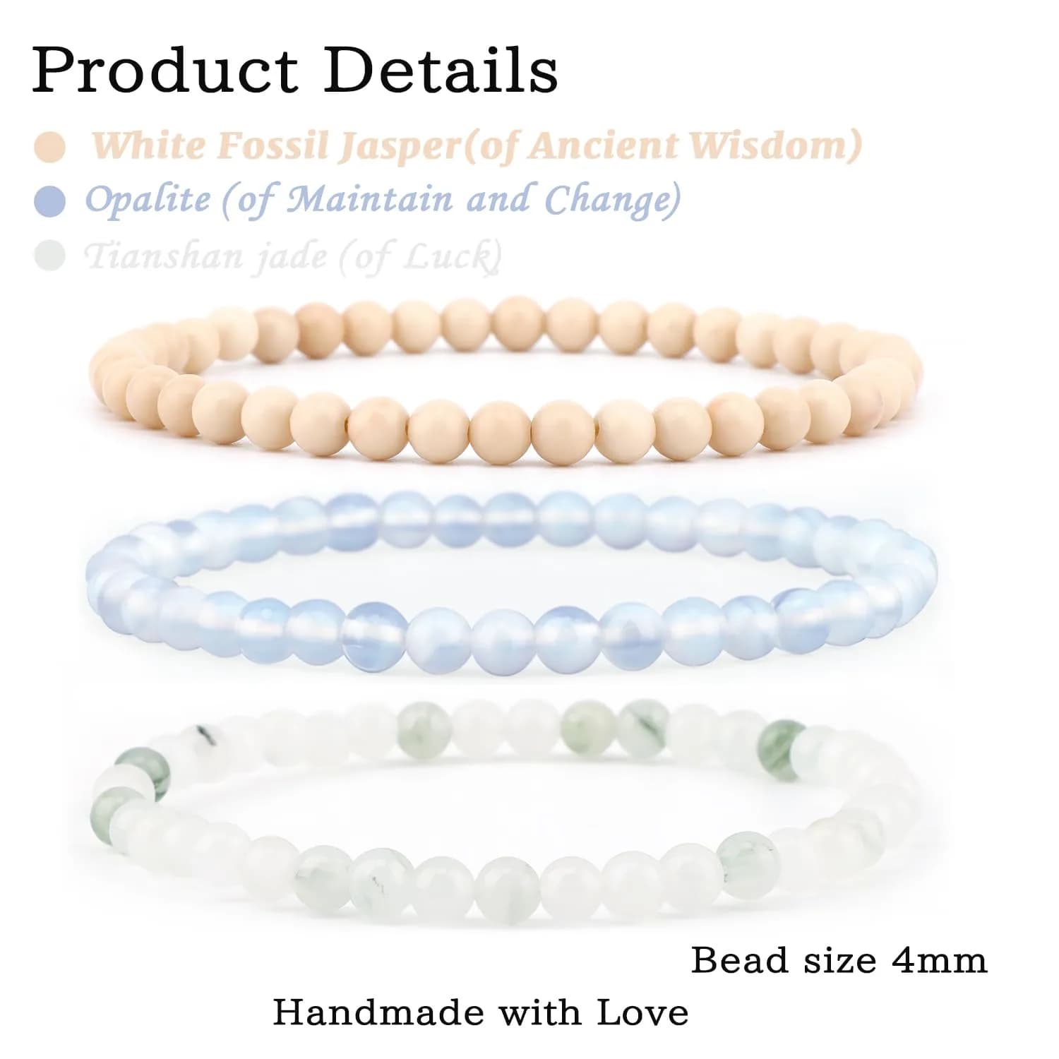 NCB Natural Crystal Gemstone Stretch Bracelets - Opalite, Tianshan Jade, White Fossil Jasper (3-Pack, 4mm) | Authentic USA Import for Meditation & Yoga