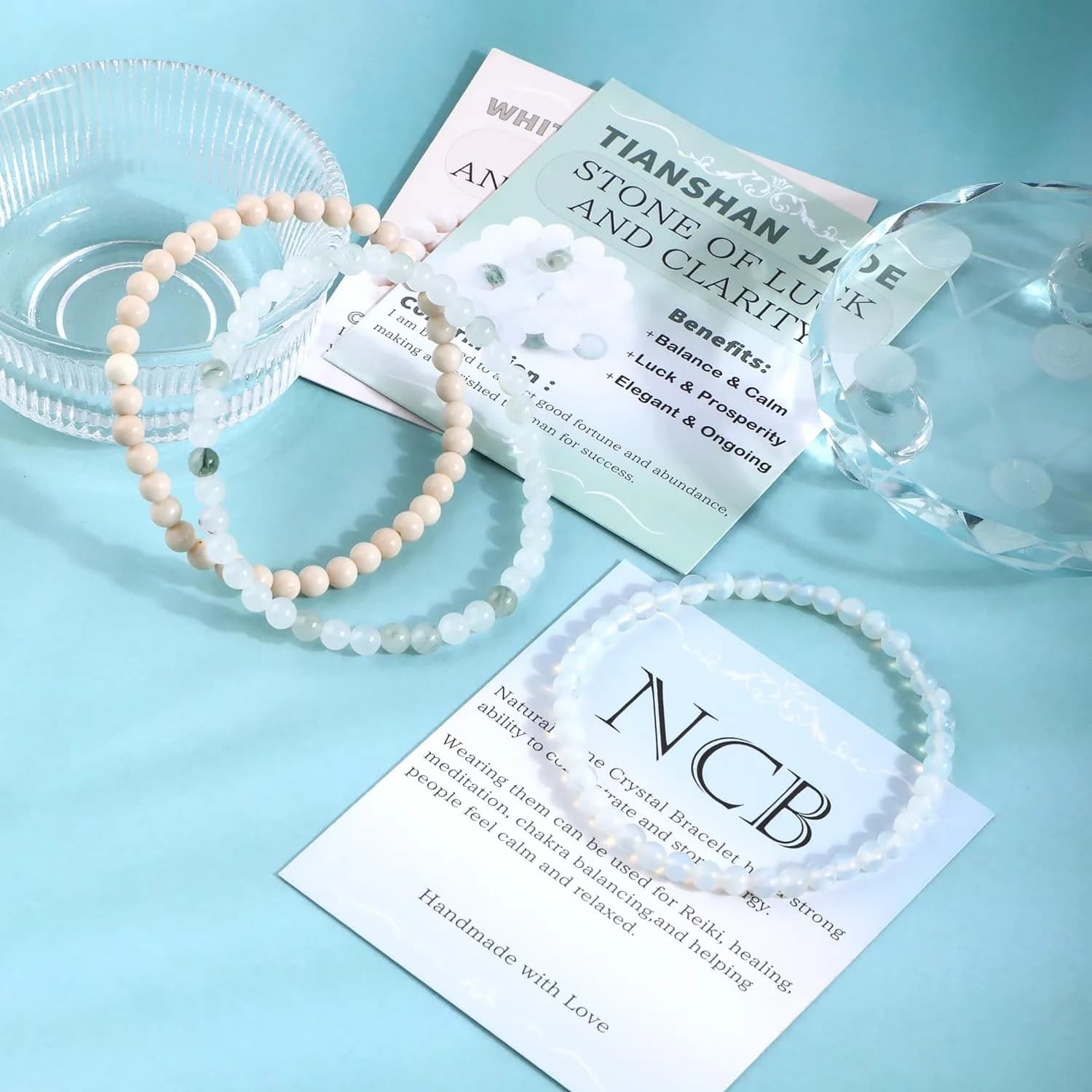 NCB Natural Crystal Gemstone Stretch Bracelets - Opalite, Tianshan Jade, White Fossil Jasper (3-Pack, 4mm) | Authentic USA Import for Meditation & Yoga thumbnail 2