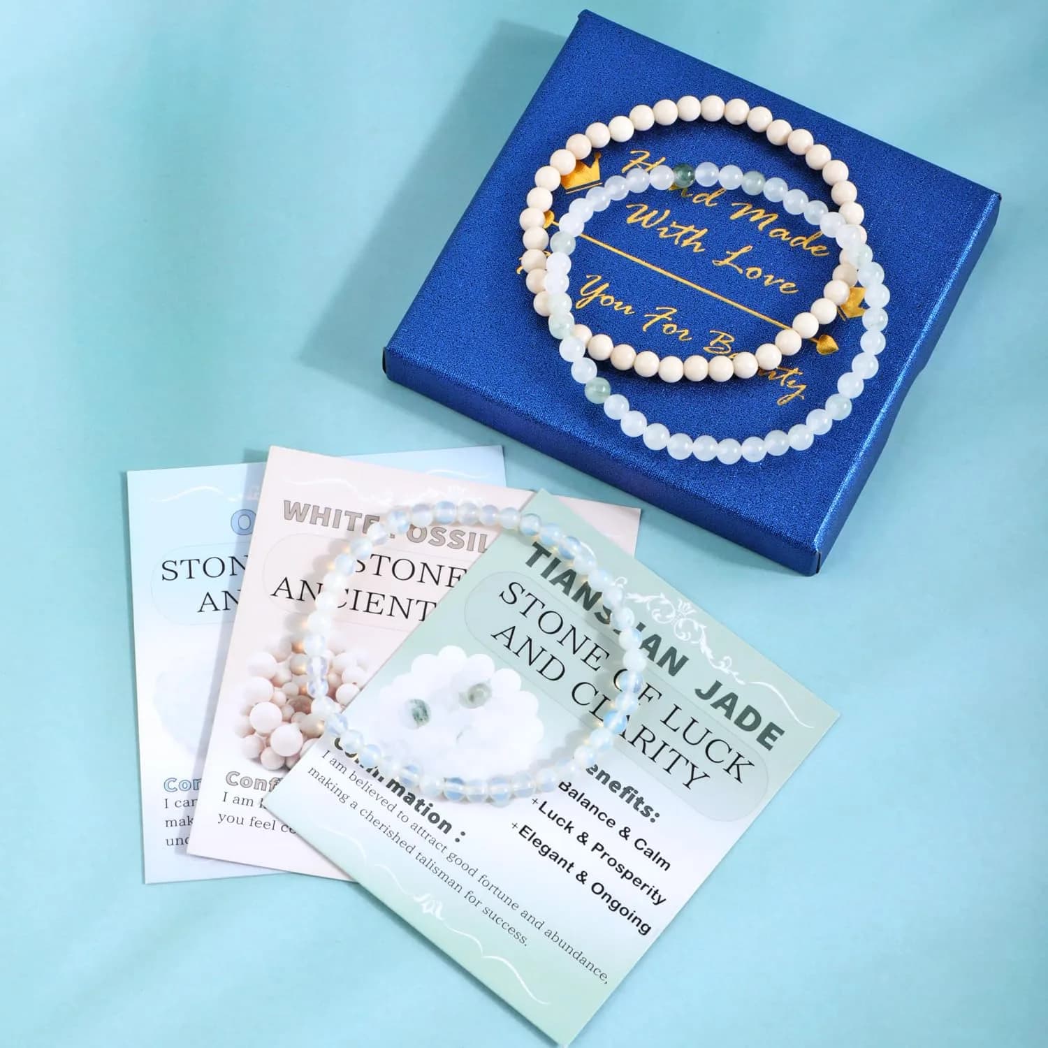 NCB Natural Crystal Gemstone Stretch Bracelets - Opalite, Tianshan Jade, White Fossil Jasper (3-Pack, 4mm) | Authentic USA Import for Meditation & Yoga thumbnail 3