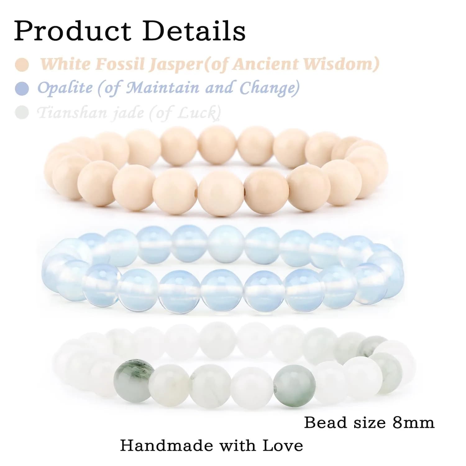 NCB 3-Piece 8mm Natural Crystal Gemstone Stretch Bracelets | Handmade Reiki Energy Healing Jewelry for Meditation, Yoga, Unisex