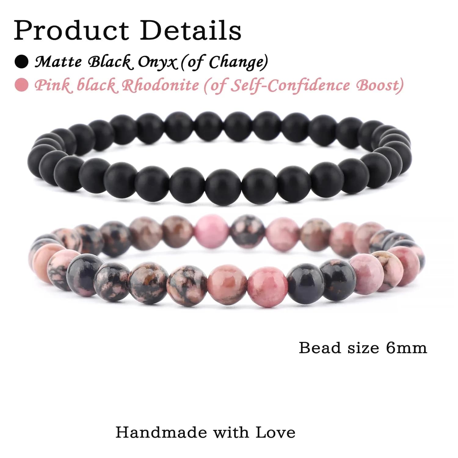 NCB 2-Piece 6mm Natural Crystal Gemstone Stretch Bracelets | Handmade Reiki Energy Healing Jewelry for Meditation, Yoga, Unisex — 6mm / 2PCS ( Pink black Rhodonite+Matte Black Agate )