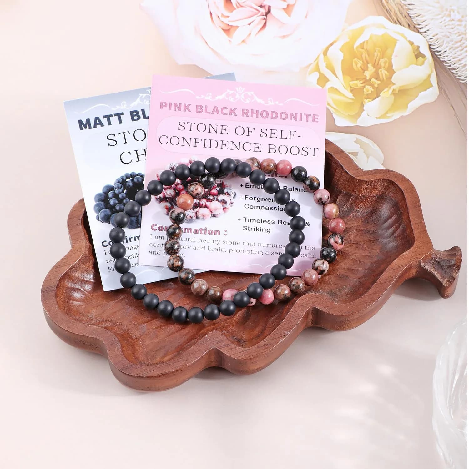 NCB Natural Guild_Jewelry Pink Black Rhodonite Matte Black Agate Stretch Bracelets, 6mm Beads | Stone of Change thumbnail 2