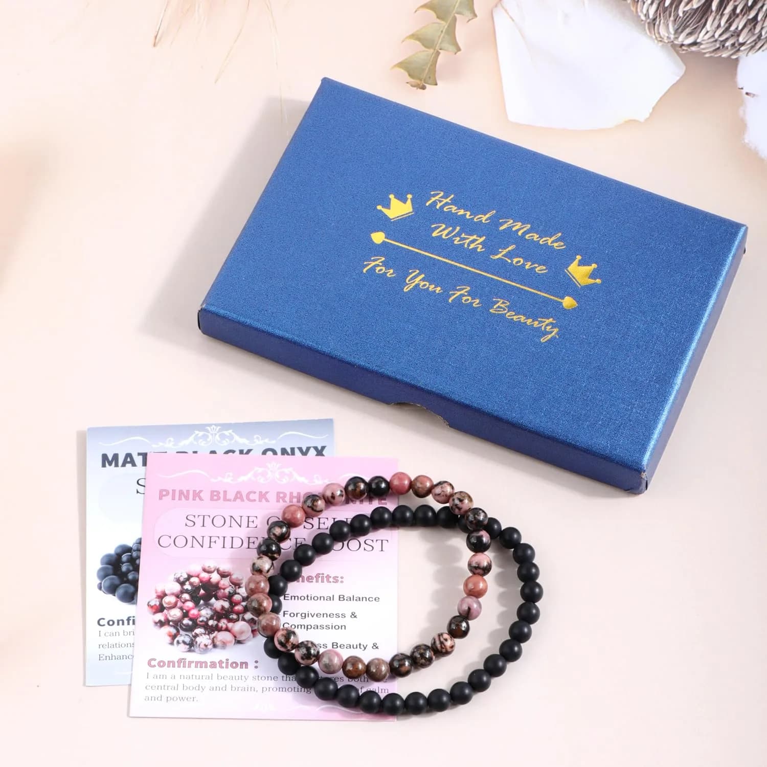 NCB Natural Guild_Jewelry Pink Black Rhodonite Matte Black Agate Stretch Bracelets, 6mm Beads | Stone of Change thumbnail 3