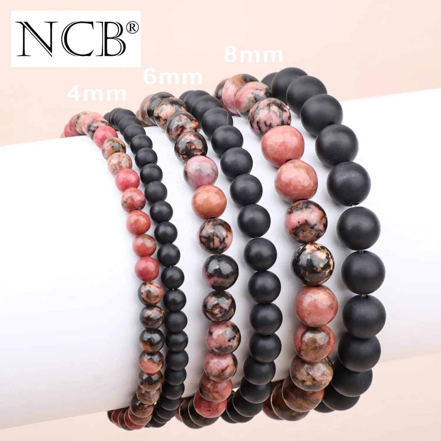 NCB Natural Guild_Jewelry Pink Black Rhodonite Matte Black Agate Stretch Bracelets, 6mm Beads | Stone of Change thumbnail 4