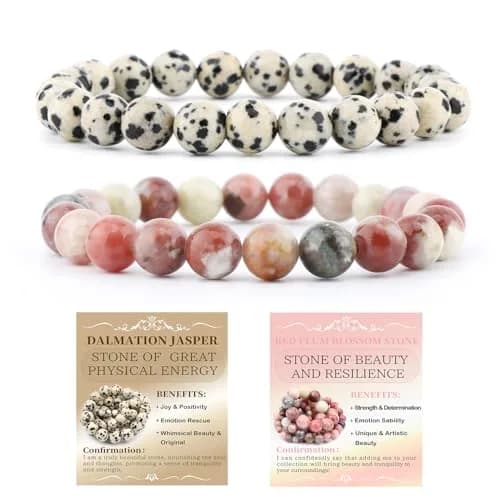 NCB 2-Piece 4mm Natural Crystal Gemstone Stretch Bracelets | Handmade Reiki Energy Healing Jewelry — 4mm / 2PCS ( Dalmation Jasper+Red Plum Blossom Stone )