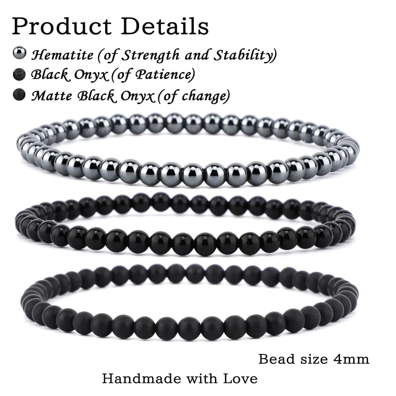 NCB 3-Piece 4mm Natural Crystal Gemstone Stretch Bracelets - Black Onyx, Hematite, Matte Black Agate | Handmade Reiki Healing Jewelry thumbnail 2