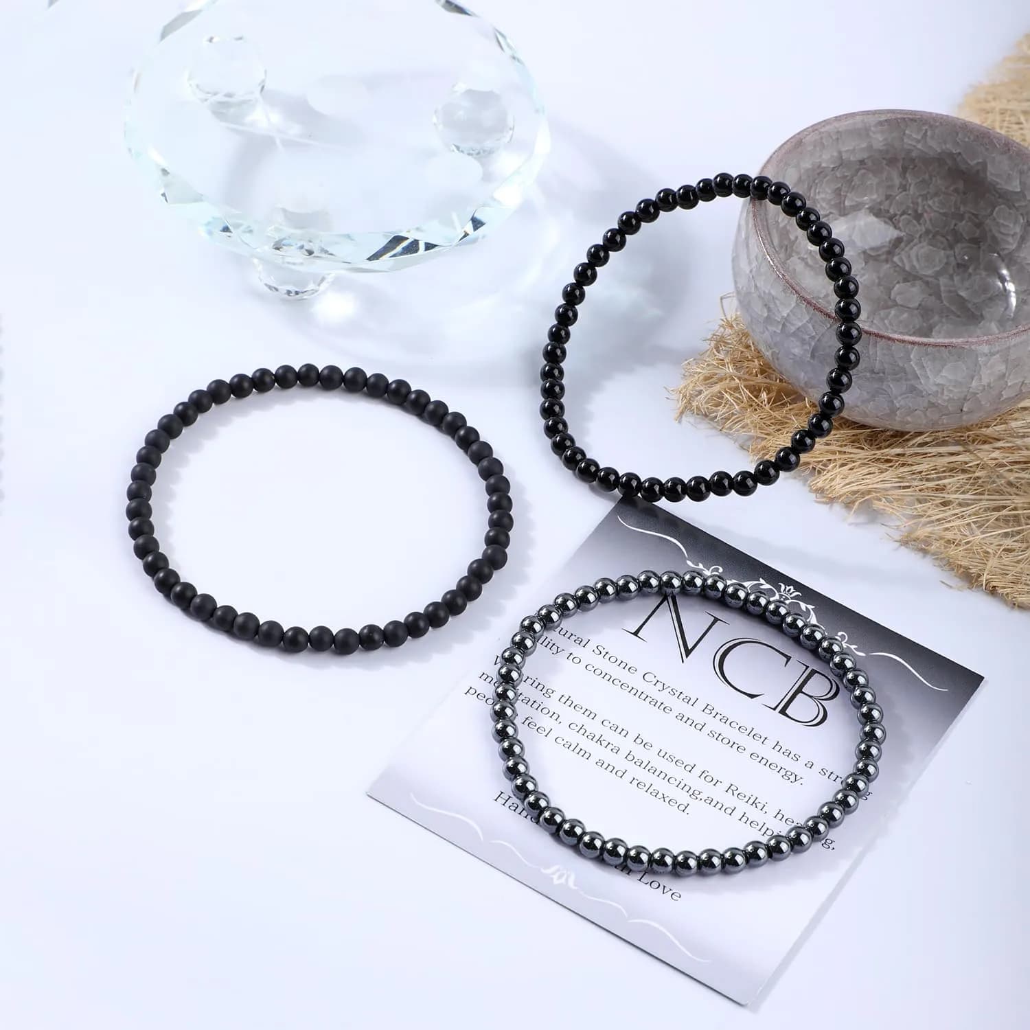 NCB 3-Piece 4mm Natural Crystal Gemstone Stretch Bracelets - Black Onyx, Hematite, Matte Black Agate | Handmade Reiki Healing Jewelry thumbnail 3