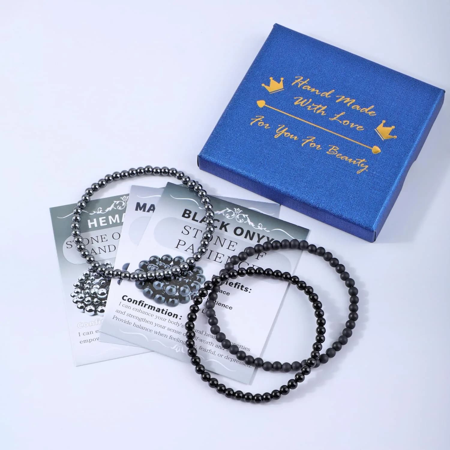 NCB 3-Piece 4mm Natural Crystal Gemstone Stretch Bracelets - Black Onyx, Hematite, Matte Black Agate | Handmade Reiki Healing Jewelry thumbnail 4