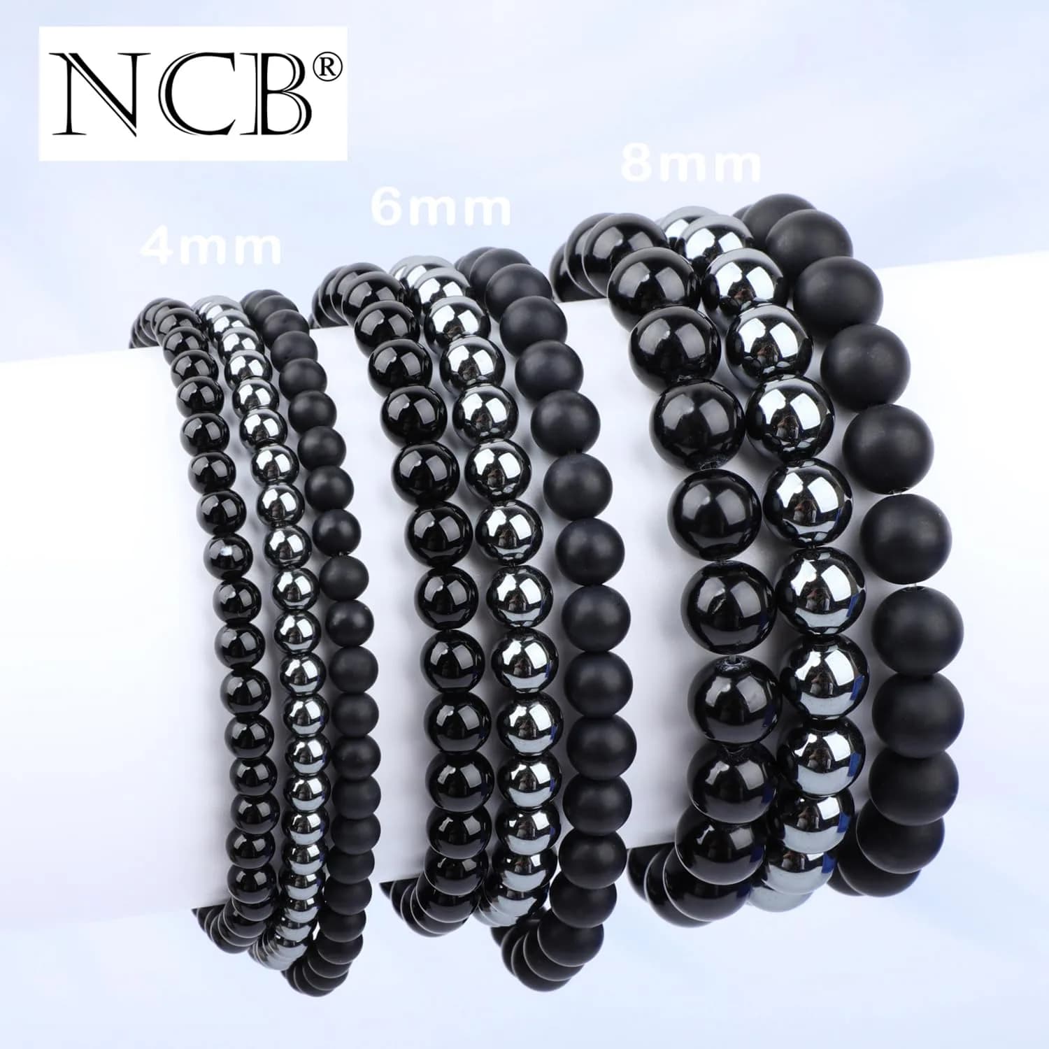 NCB 3-Piece 4mm Natural Crystal Gemstone Stretch Bracelets - Black Onyx, Hematite, Matte Black Agate | Handmade Reiki Healing Jewelry thumbnail 5