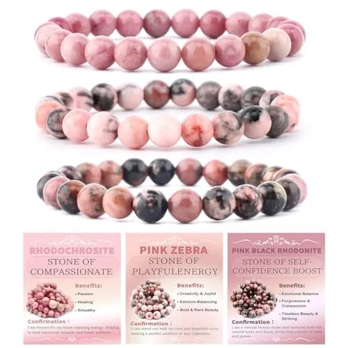 NCB 3-Piece 4mm Natural Crystal Gemstone Stretch Bracelets | Reiki Energy Healing Jewelry — 4mm / 3PCS ( Rhodochrosite+Pink Zebra+Pink black Rhodonite )