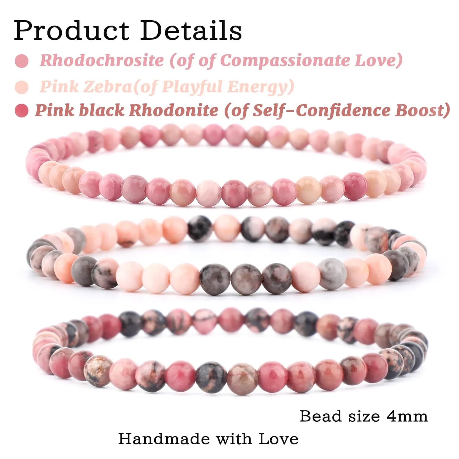 NCB 3-Piece 4mm Natural Crystal Gemstone Stretch Bracelets | Reiki Energy Healing Jewelry - main product image
