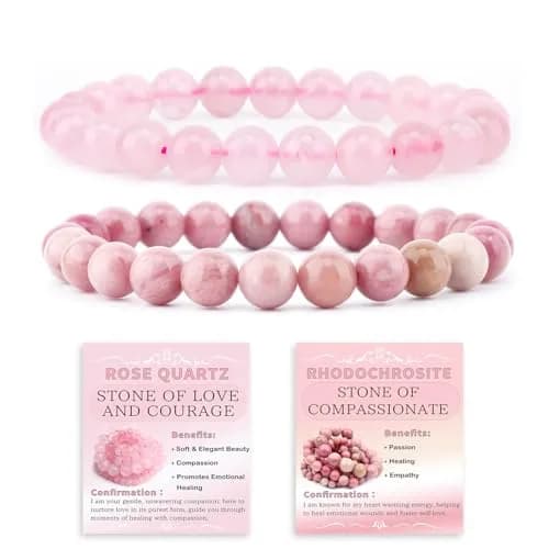 NCB Natural Crystal Gemstone Stretch Bracelets (6mm Pink Quartz, Rhodochrosite) | Handmade Reiki Healing Jewelry for Meditation, Yoga — 6mm / 2PCS ( Pink Quartz+Rhodochrosite )