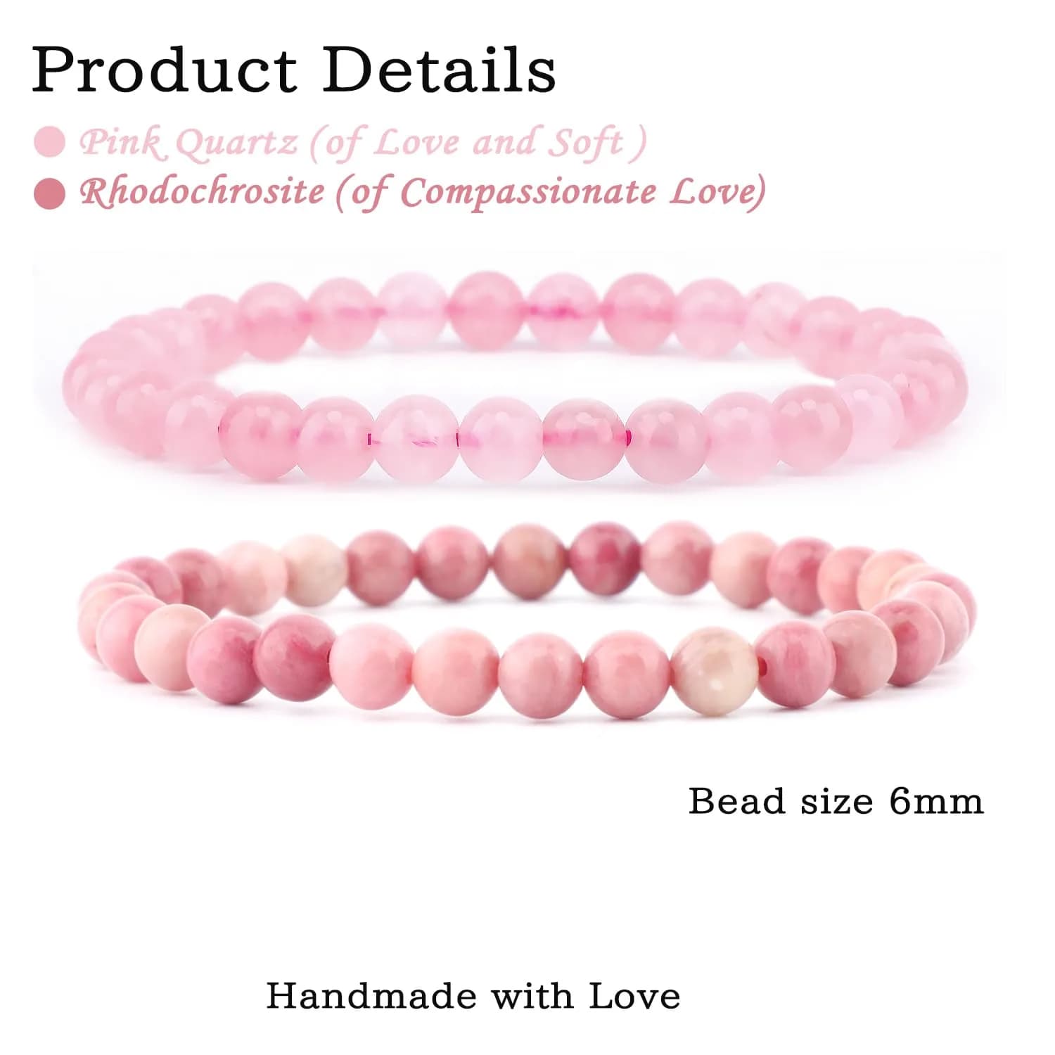 NCB Natural Crystal Gemstone Stretch Bracelets (6mm Pink Quartz, Rhodochrosite) | Handmade Reiki Healing Jewelry for Meditation, Yoga