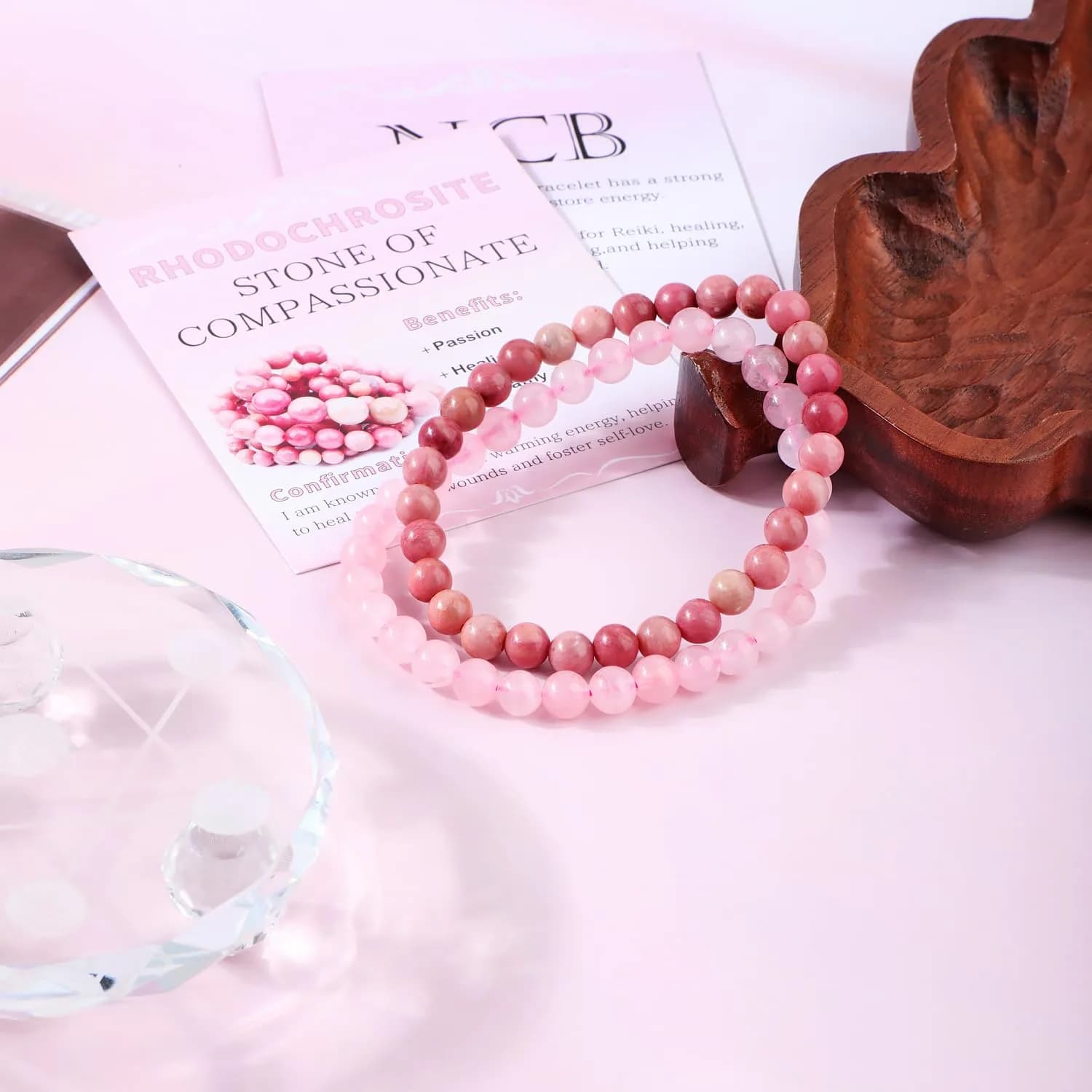 NCB Natural Crystal Gemstone Stretch Bracelets (6mm Pink Quartz, Rhodochrosite) | Handmade Reiki Healing Jewelry for Meditation, Yoga thumbnail 2