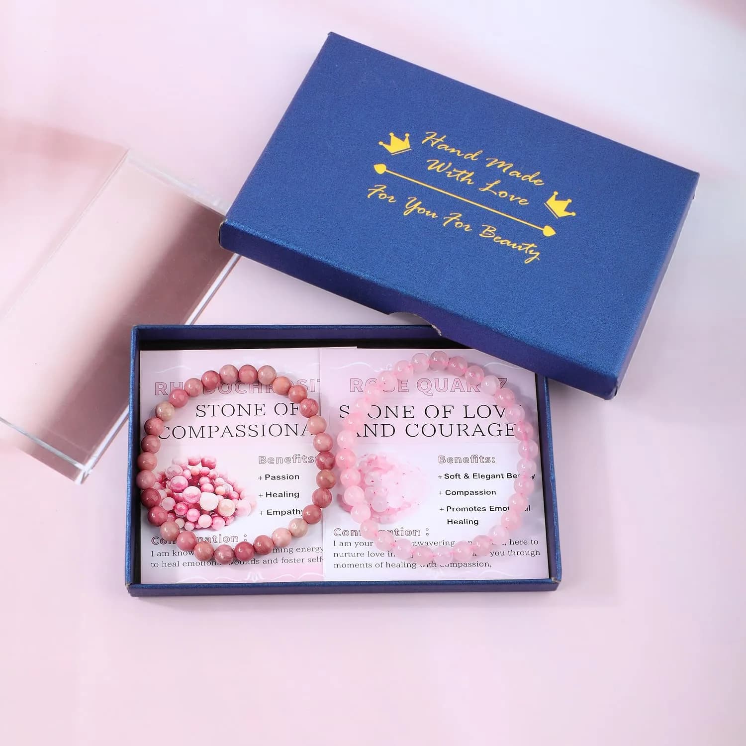 NCB Natural Crystal Gemstone Stretch Bracelets (6mm Pink Quartz, Rhodochrosite) | Handmade Reiki Healing Jewelry for Meditation, Yoga thumbnail 3