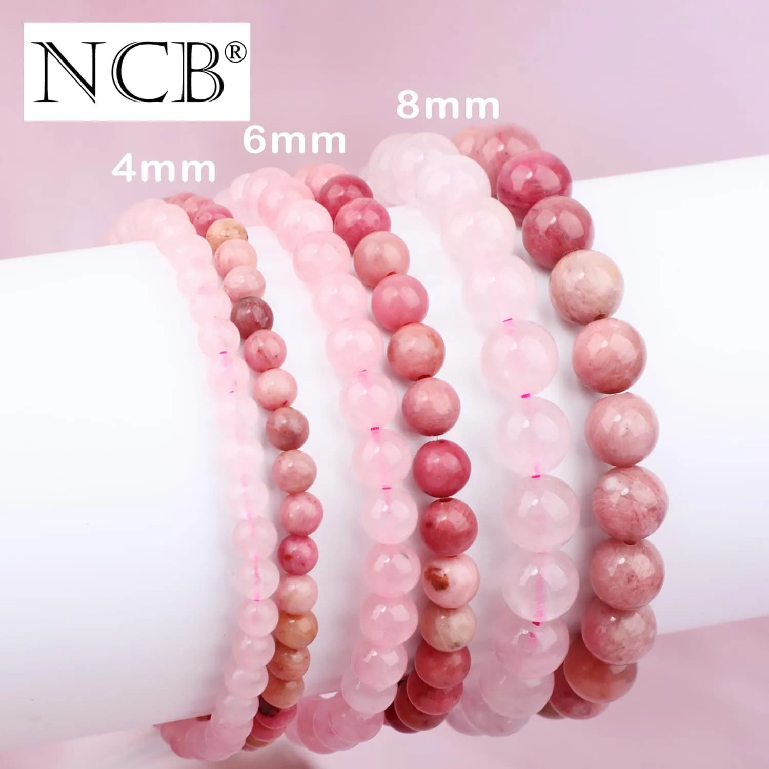 NCB Natural Crystal Gemstone Stretch Bracelets (6mm Pink Quartz, Rhodochrosite) | Handmade Reiki Healing Jewelry for Meditation, Yoga thumbnail 4