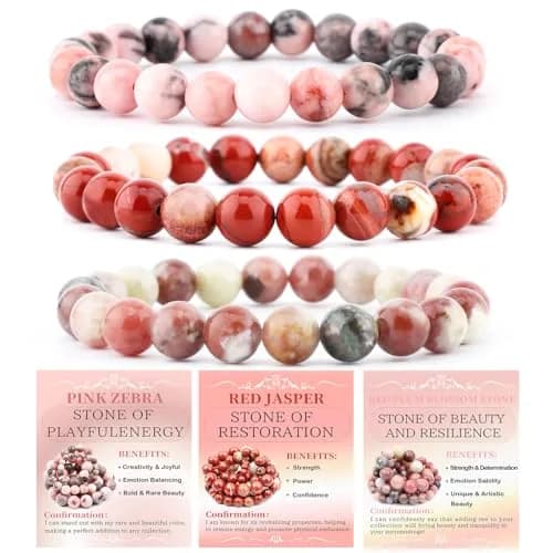 NCB Natural Gemstone Stretch Bracelets (6mm Beads, 3-Pack) | Reiki Energy Healing Jewelry for Meditation, Yoga — 6mm / 3PCS ( Pink Zebra+Red Jasper+Red Plum Blossom Stone )