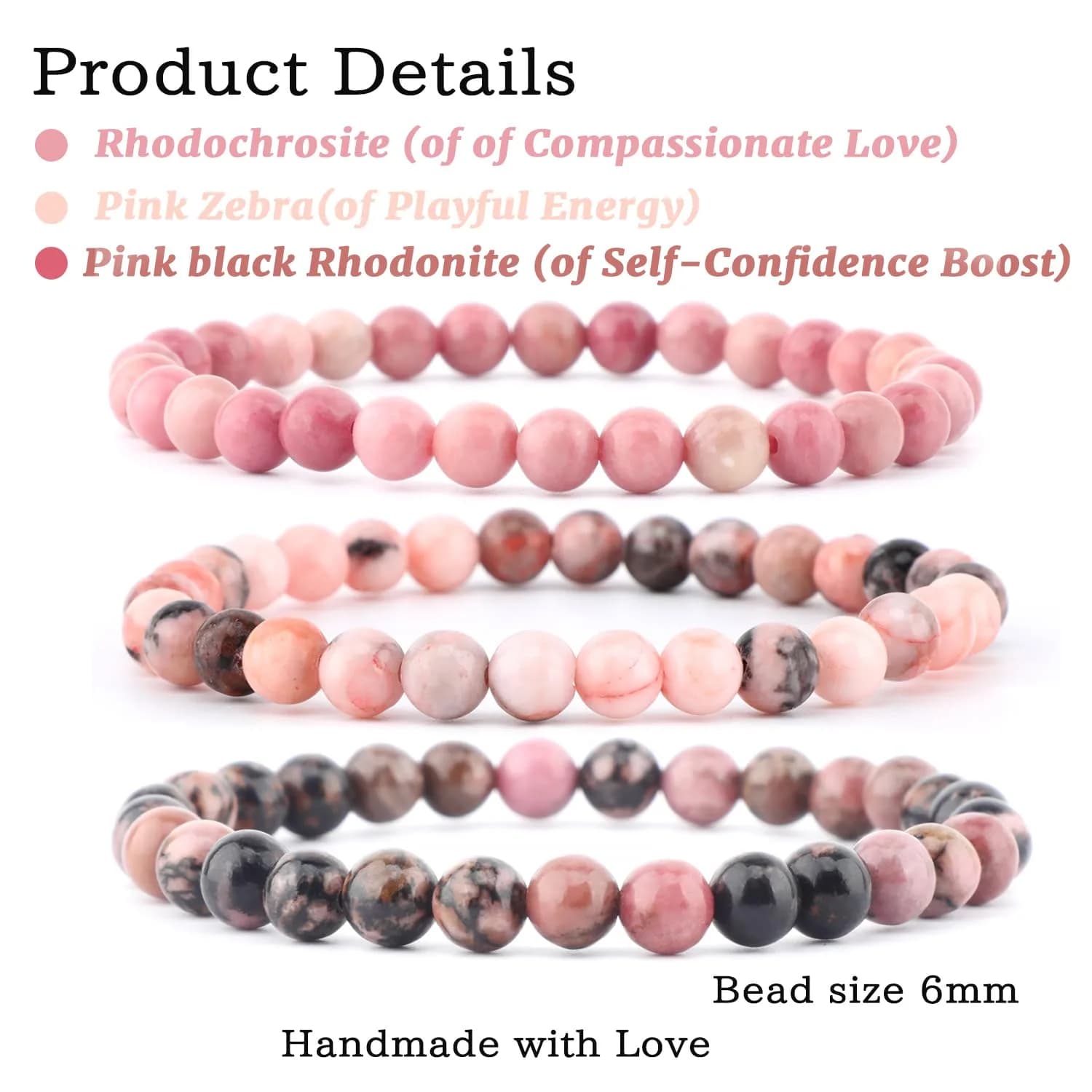 NCB Natural Gemstone Stretch Bracelets (6mm Beads, 3-Pack) | Reiki Energy Healing Jewelry for Meditation, Yoga