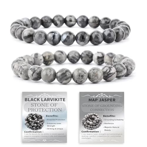 NCB Natural Crystal Gemstone Stretch Bracelets - Black Larvikite & Map Jasper (8mm Beads, 2-Pack) | Handmade Reiki Healing Jewelry — 8mm / 2PCS ( Black Larvikite+Map Jasper )