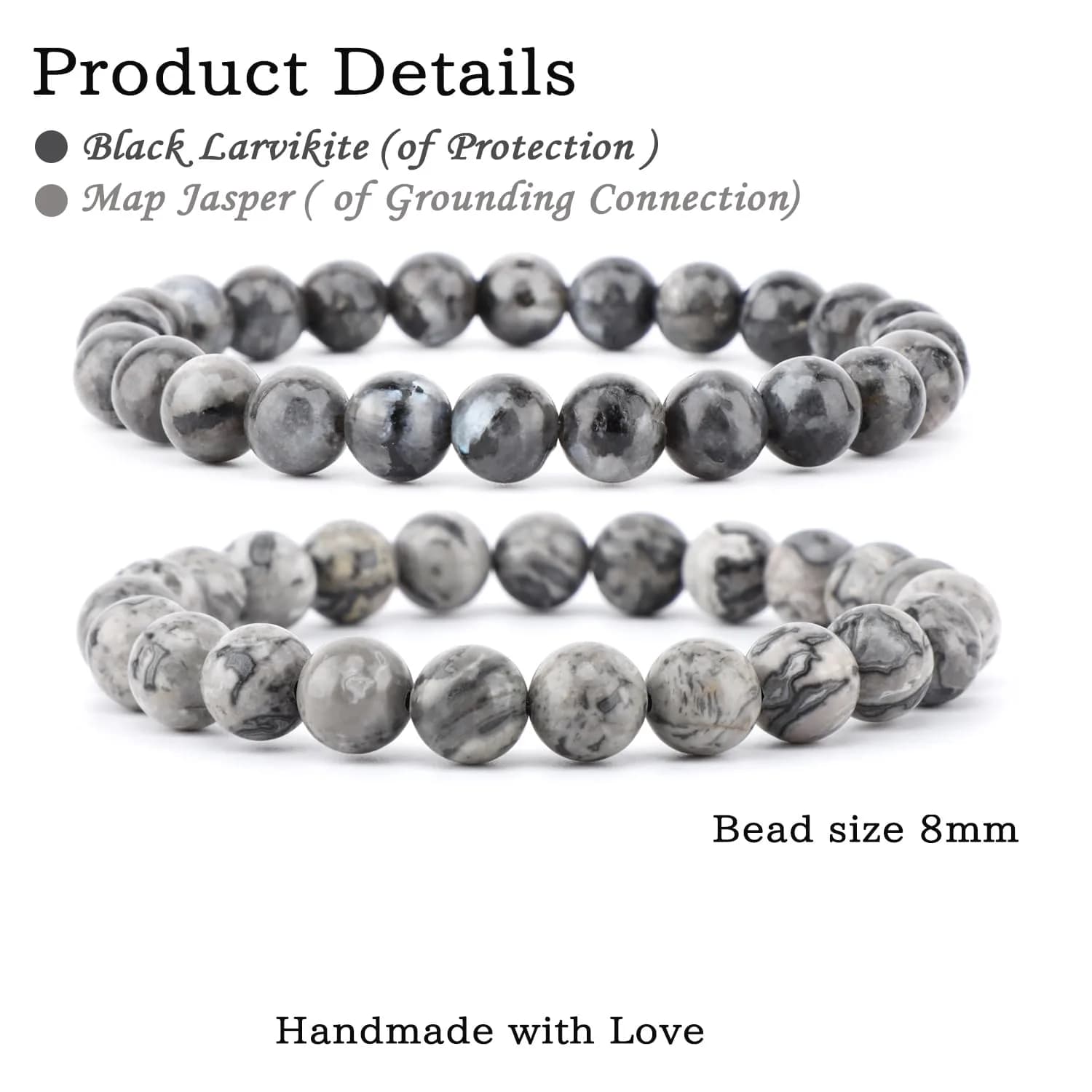 NCB Natural Crystal Gemstone Stretch Bracelets - Black Larvikite & Map Jasper (8mm Beads, 2-Pack) | Handmade Reiki Healing Jewelry