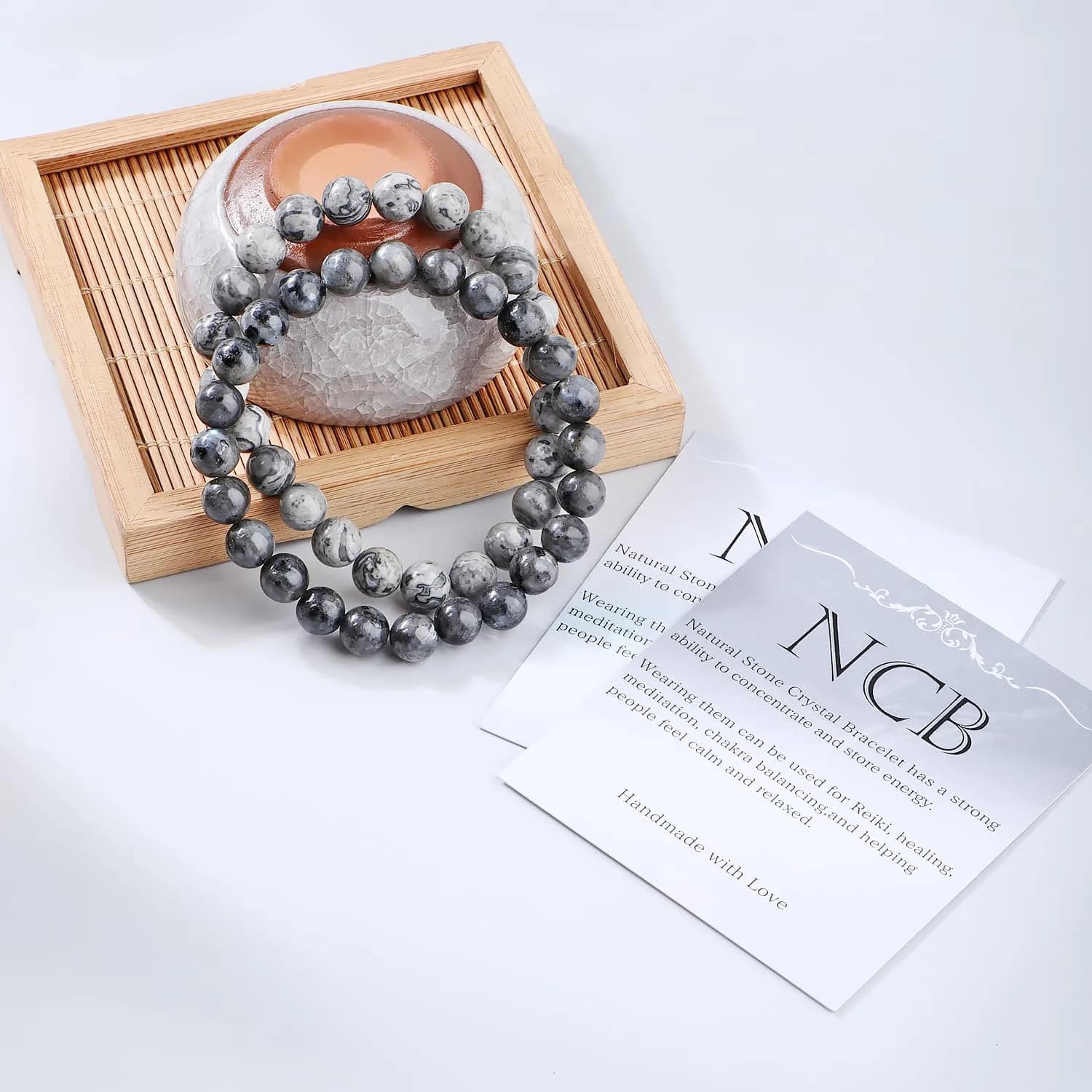NCB Natural Crystal Gemstone Stretch Bracelets - Black Larvikite & Map Jasper (8mm Beads, 2-Pack) | Handmade Reiki Healing Jewelry thumbnail 2
