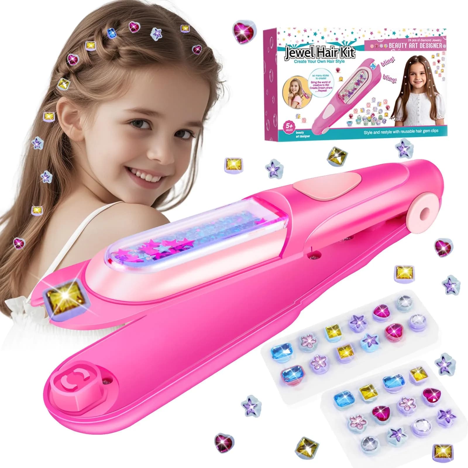 kidzkube Hair Gem Stamper Kit with 24 Diamonds & Reusable Gems | Easy to Use for Kids Ages 3-12 — Pink