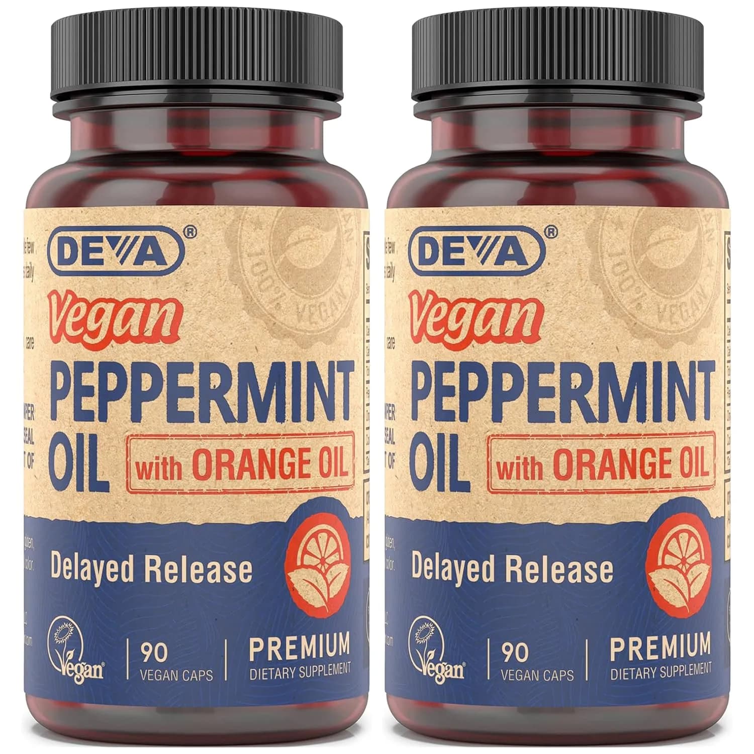 DEVA Vegan Peppermint Oil Capsules, Delayed Release, 2-Pack with Organic Orange & Coconut Oils, 90 Count Ea - main product image