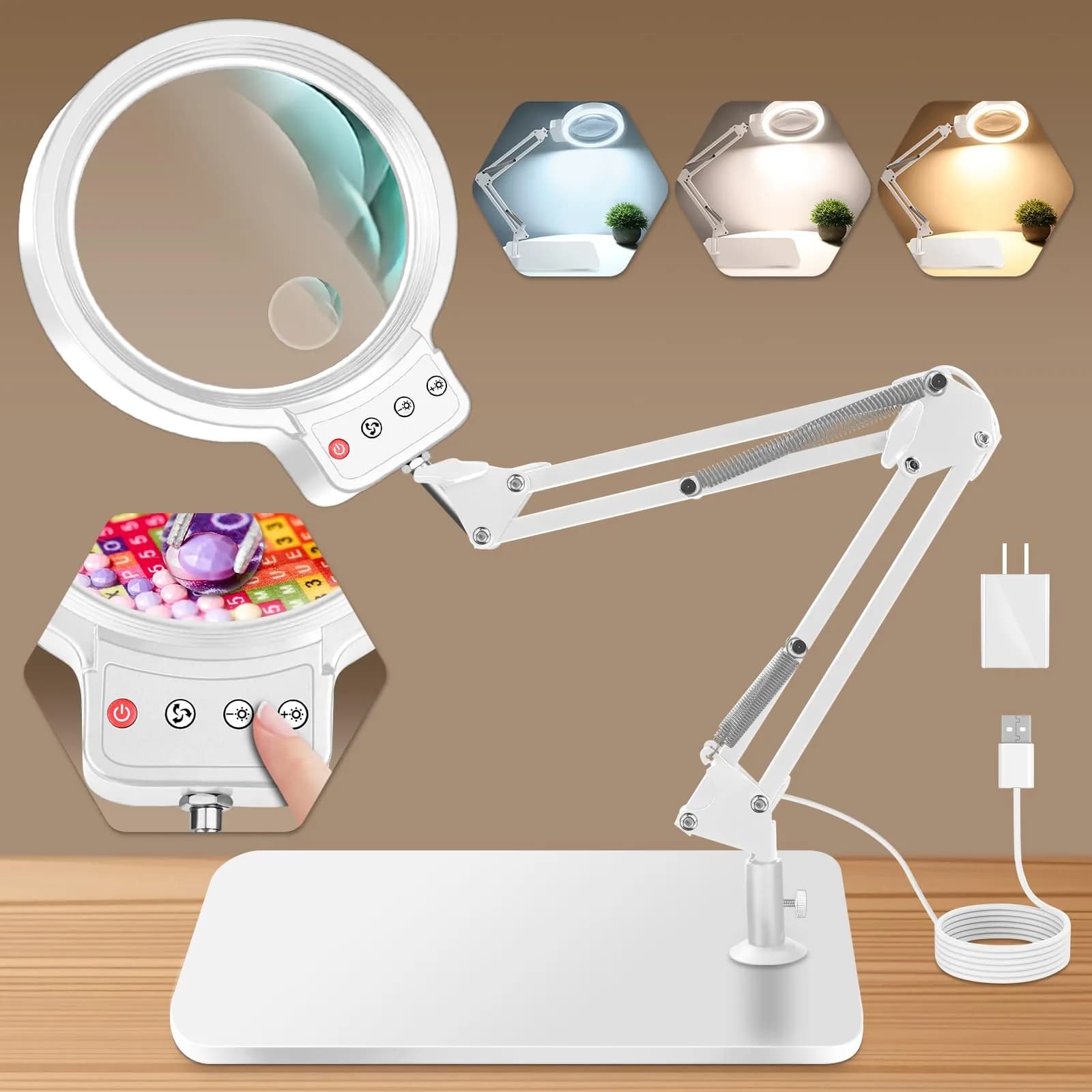 HQGZQL 10X 30X Large Magnifying Glass with Light and Stand | 5-inch Lighted Magnifier, 72 LED, Dimmable, Hands-Free Desk Lamp — White
