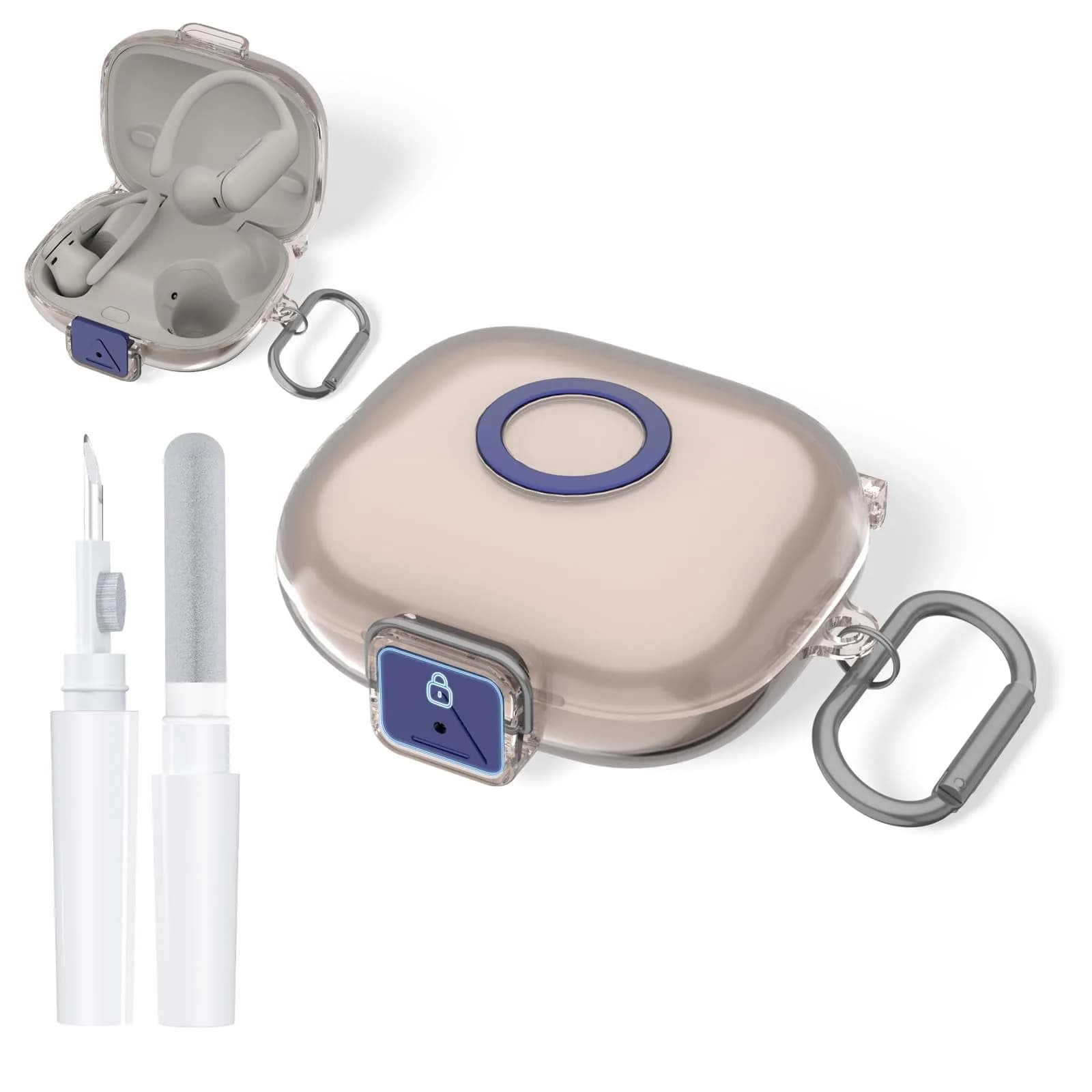 Nimuw Secure Lock Case for Beats Powerbeats Pro 2, Clear Grey | Full Protection with Carabiner & Cleaning Kit — Clear Grey