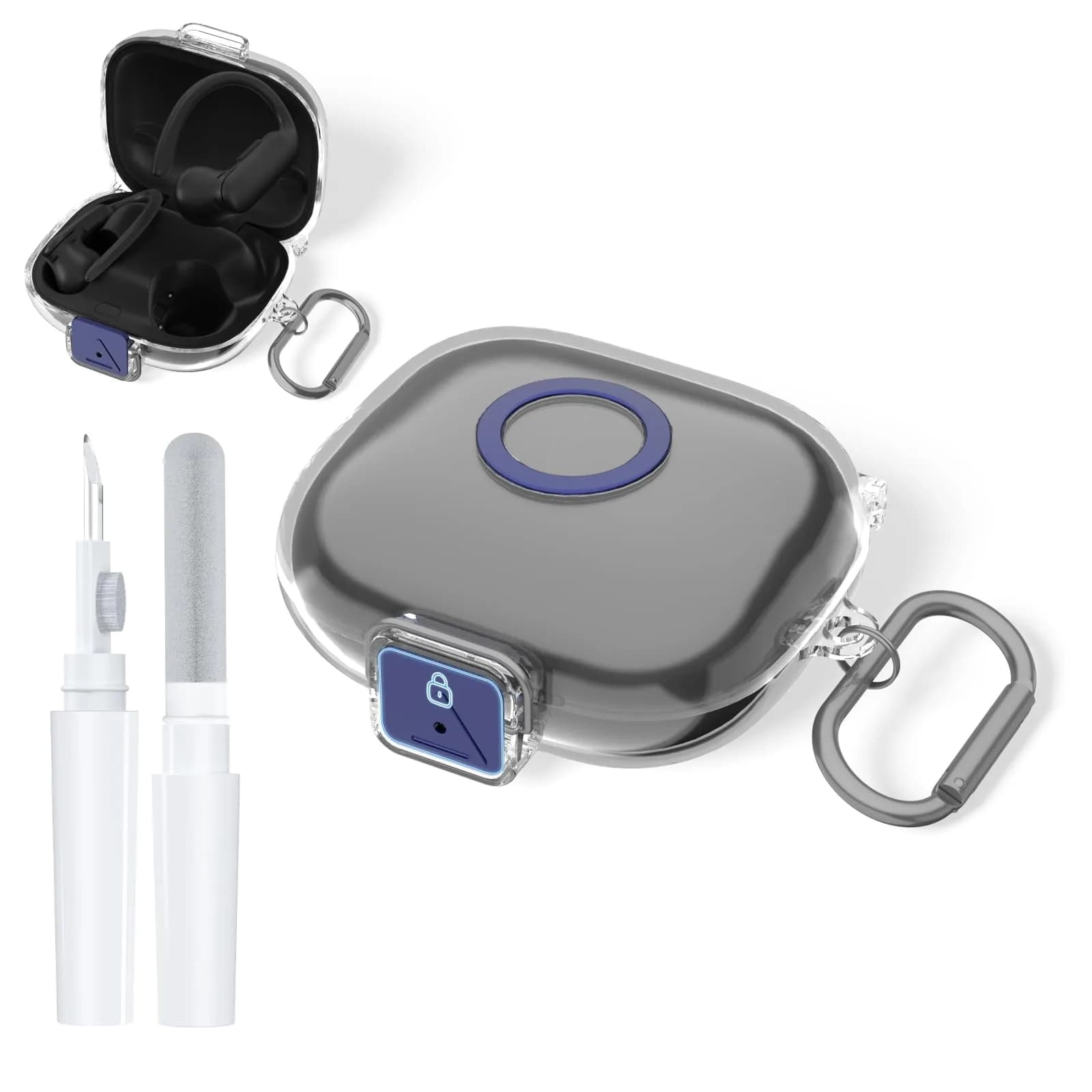 Nimuw Secure Lock Case for Beats Powerbeats Pro 2, Clear Grey | Full Protection with Carabiner & Cleaning Kit — Clear