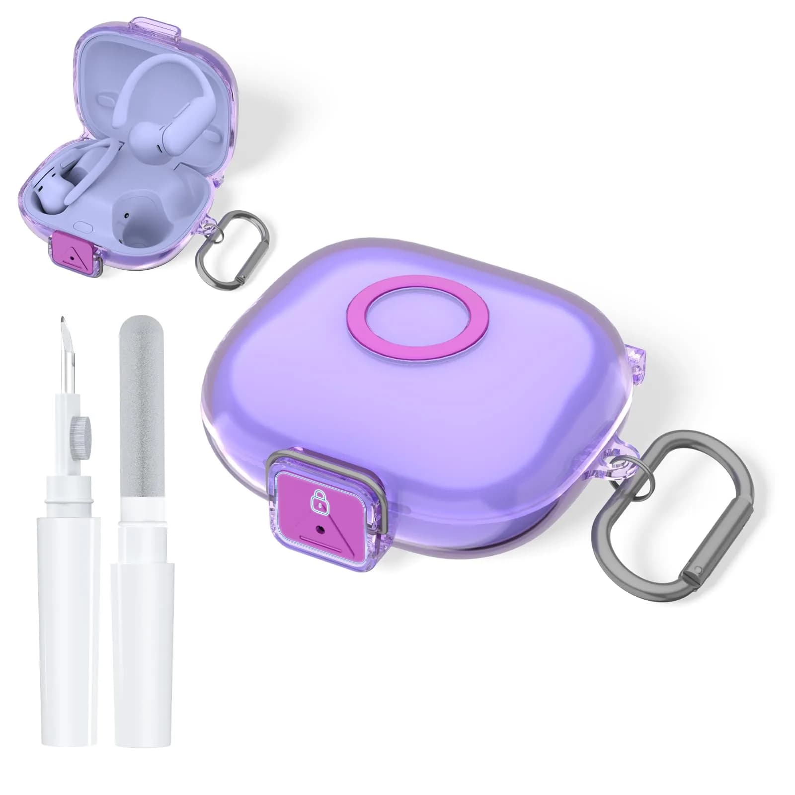 Nimuw Secure Lock Case for Beats Powerbeats Pro 2, Clear Grey | Full Protection with Carabiner & Cleaning Kit — Clear Purple