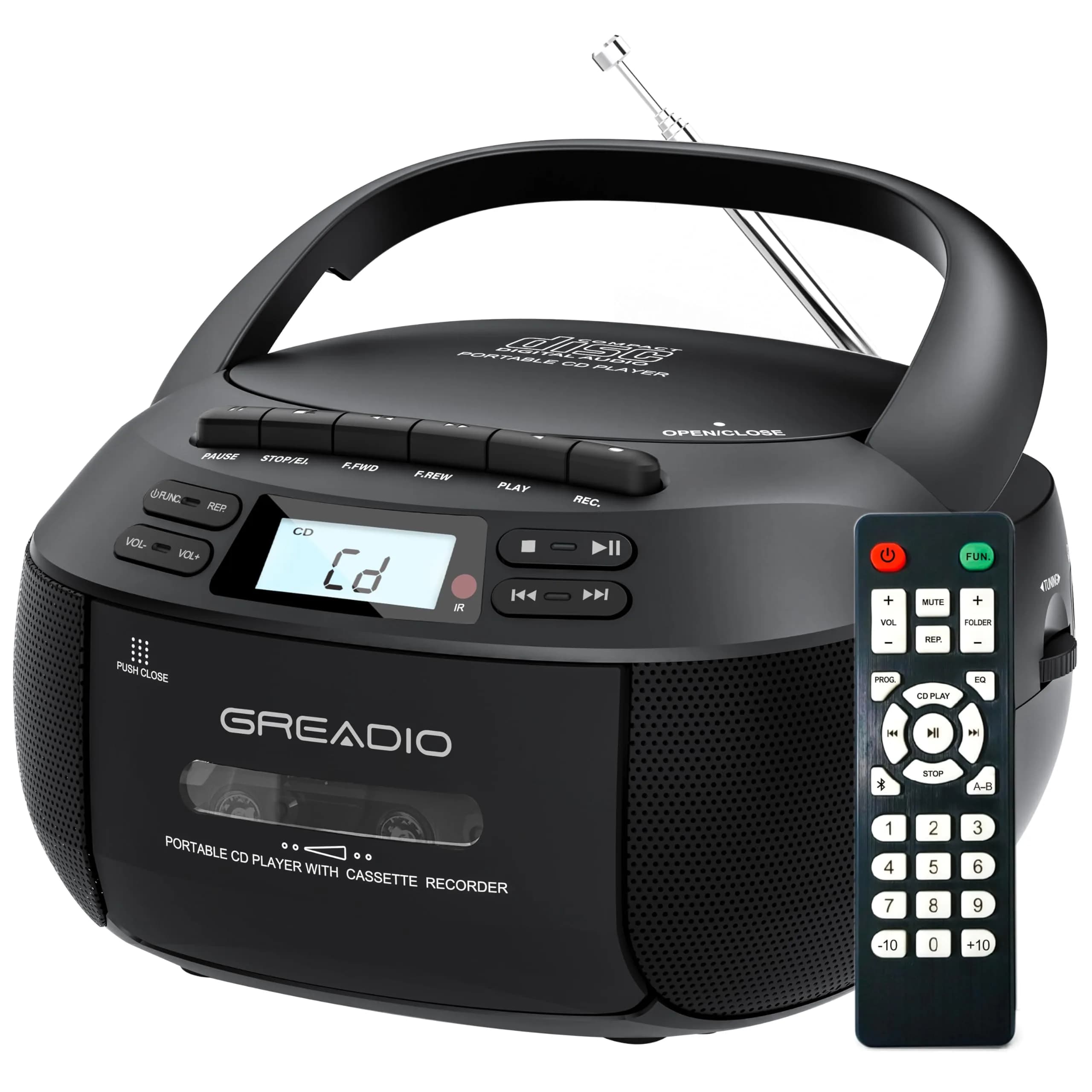 Greadio Boombox CD and Cassette Player Combo with Bluetooth 5.1, AM/FM Radio, USB, AUX, Remote Control, AC/Battery Operated, 1.5 kg (3.3 lb) - Black