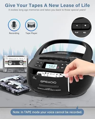 Greadio Boombox CD and Cassette Player Combo with Bluetooth 5.1, AM/FM Radio, USB, AUX, Remote Control, AC/Battery Operated, 1.5 kg (3.3 lb) - Black thumbnail 4