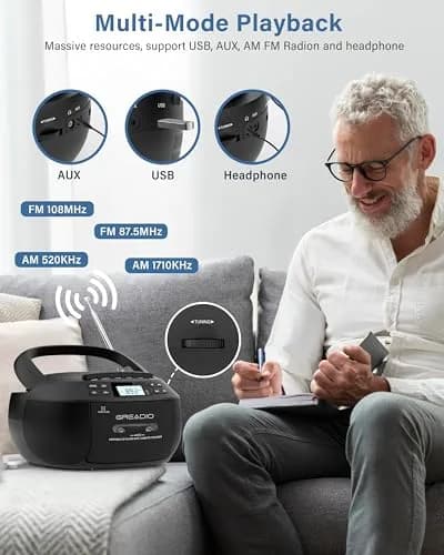 Greadio Boombox CD and Cassette Player Combo with Bluetooth 5.1, AM/FM Radio, USB, AUX, Remote Control, AC/Battery Operated, 1.5 kg (3.3 lb) - Black thumbnail 6