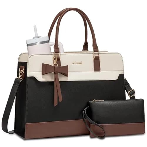LOVEVOOK Laptop Tote Bag for Women, Black-White-Brown-UP, 42cm (16.9") | Water-Resistant Work Bag with Organizer thumbnail 1