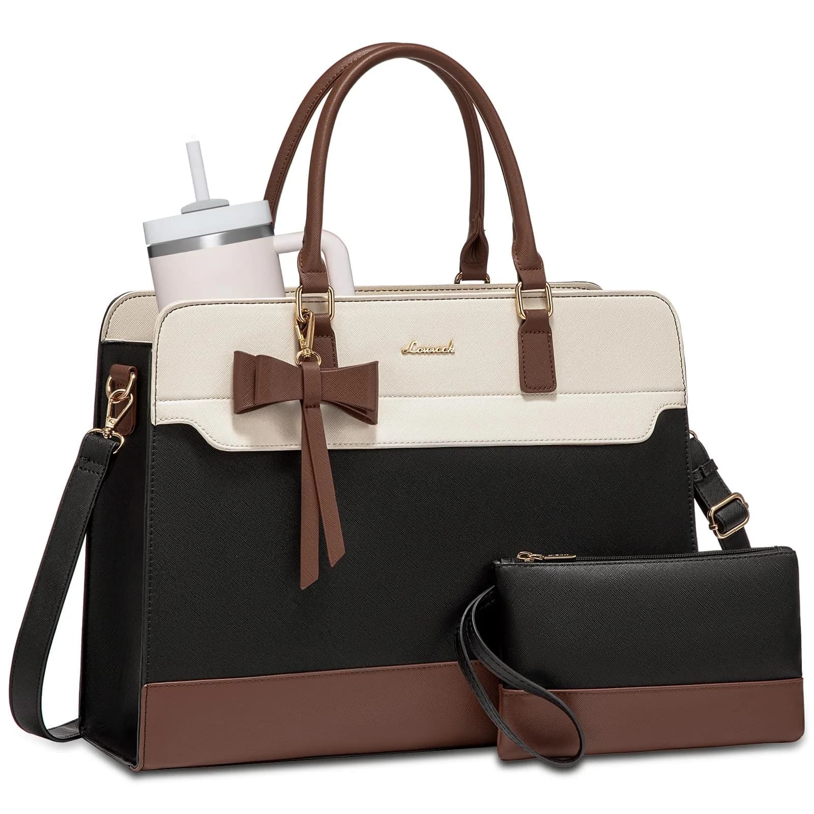 LOVEVOOK Laptop Tote Bag for Women, Black-White-Brown-UP, 42cm (16.9") | Water-Resistant Work Bag with Organizer - main product image