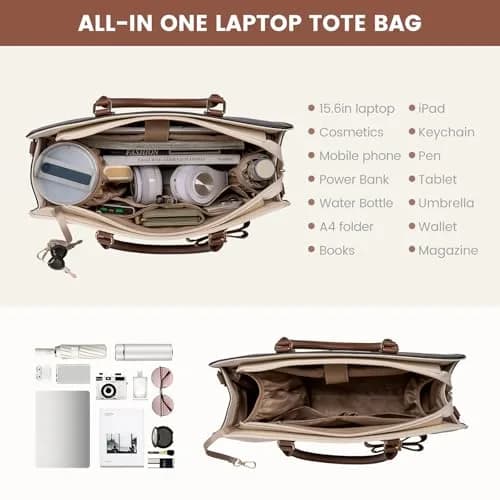 LOVEVOOK Laptop Tote Bag for Women, Black-White-Brown-UP, 42cm (16.9") | Water-Resistant Work Bag with Organizer thumbnail 4
