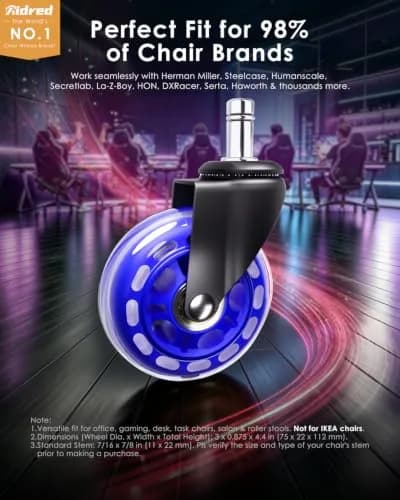 RidRed Heavy Duty Office Chair Wheels - 5-Pack Blue Rollerblade Casters | Smooth Rolling, Floor Safe, 650lb Capacity thumbnail 2
