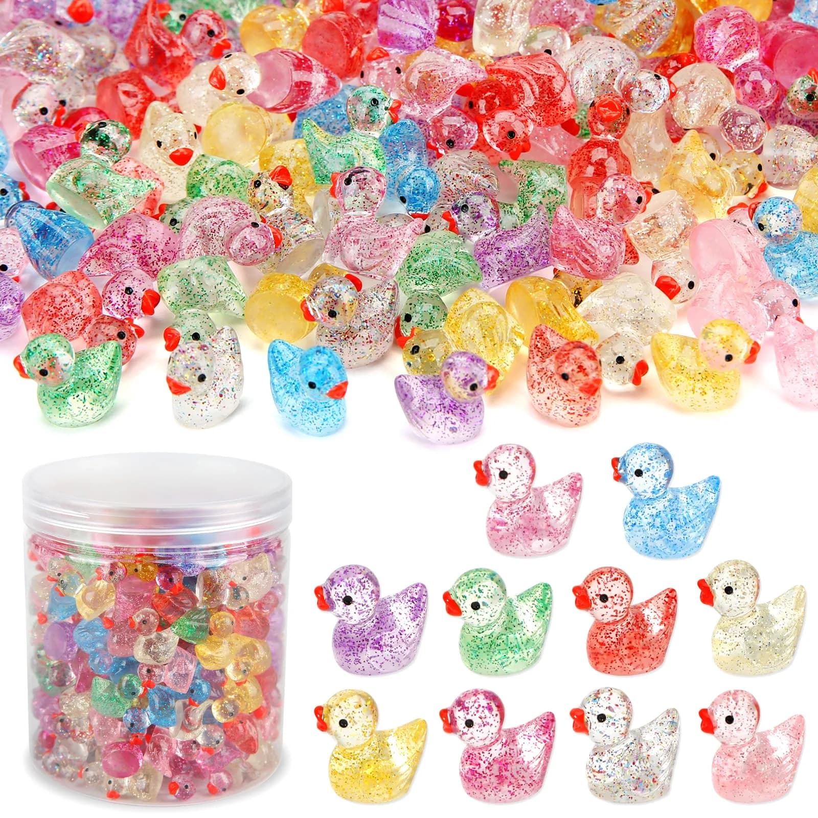 GWAHSA Glitter Mini Resin Ducks 240 Pcs (0.6 inch / 1.5 cm) | Tiny Small Plastic Ducks Figures for Dollhouse Decor