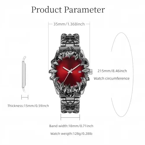 CARLIEN Gothic Claw Watch for Men – Unique Stainless Steel Wristwatch, Luminous Hands, Waterproof Quartz Movement, Futuristic Melting Style (Red) thumbnail 6