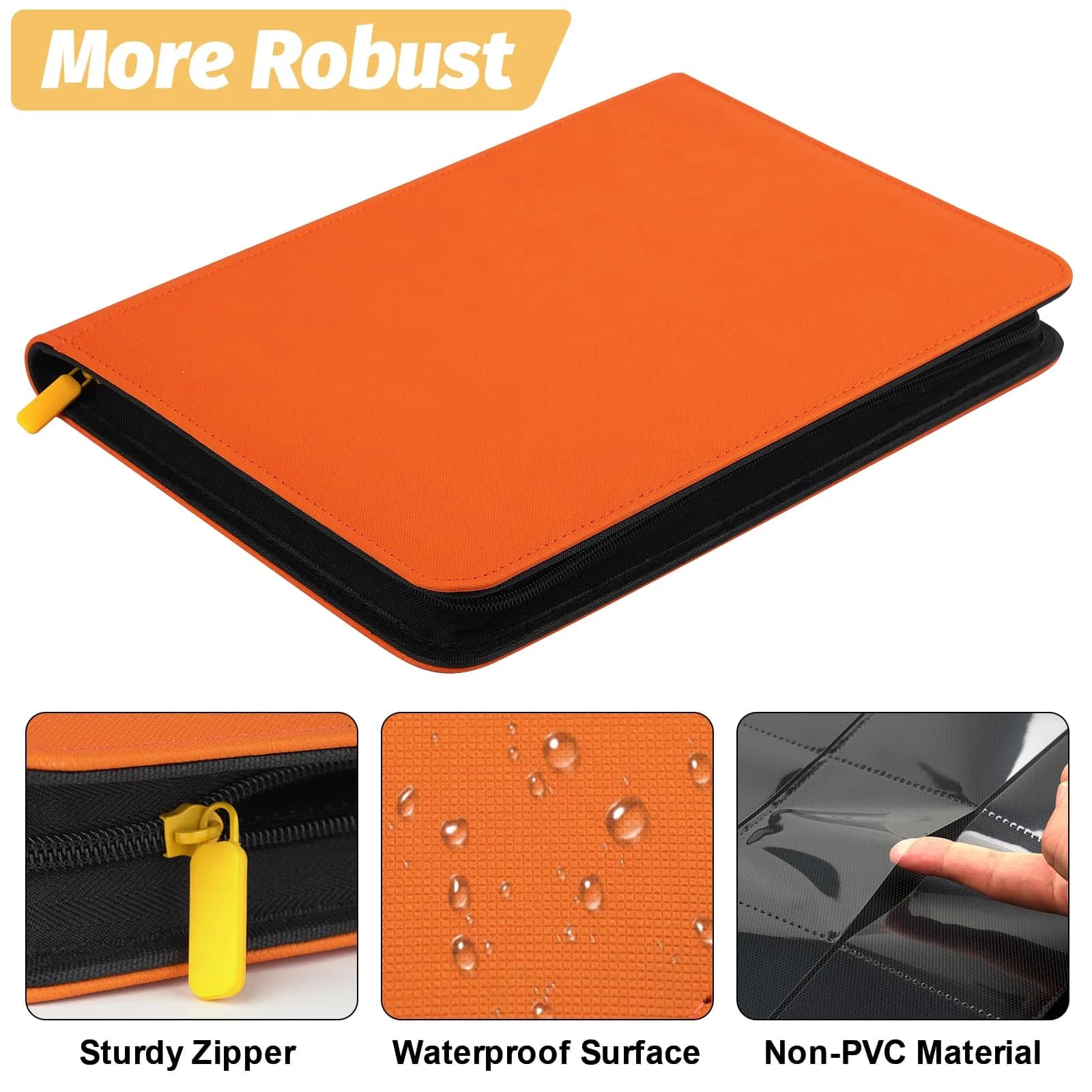 GERMUN 360 Card Ringless Binder, PU Zipper Fixed Page Album for TCG Sports Cards (Orange, 20 Pages) thumbnail 2