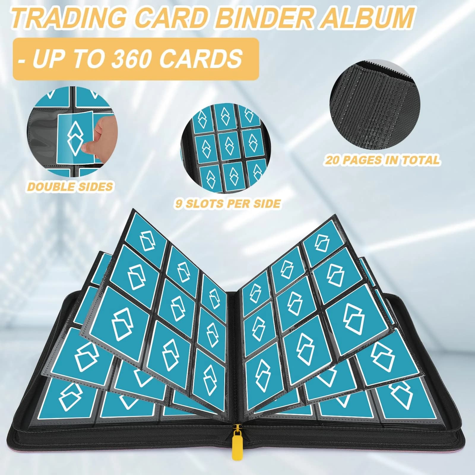 GERMUN 360 Card Ringless Binder, PU Zipper Fixed Page Album for TCG Sports Cards (Orange, 20 Pages) thumbnail 4