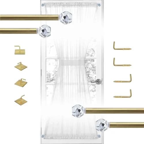 ARNORX 3/8" Sash Curtain Rods with Clear Crystal Ball Finials, 16-28 Inch Adjustable | Elegant Brass Brushed Finish for French Doors & Windows thumbnail 1