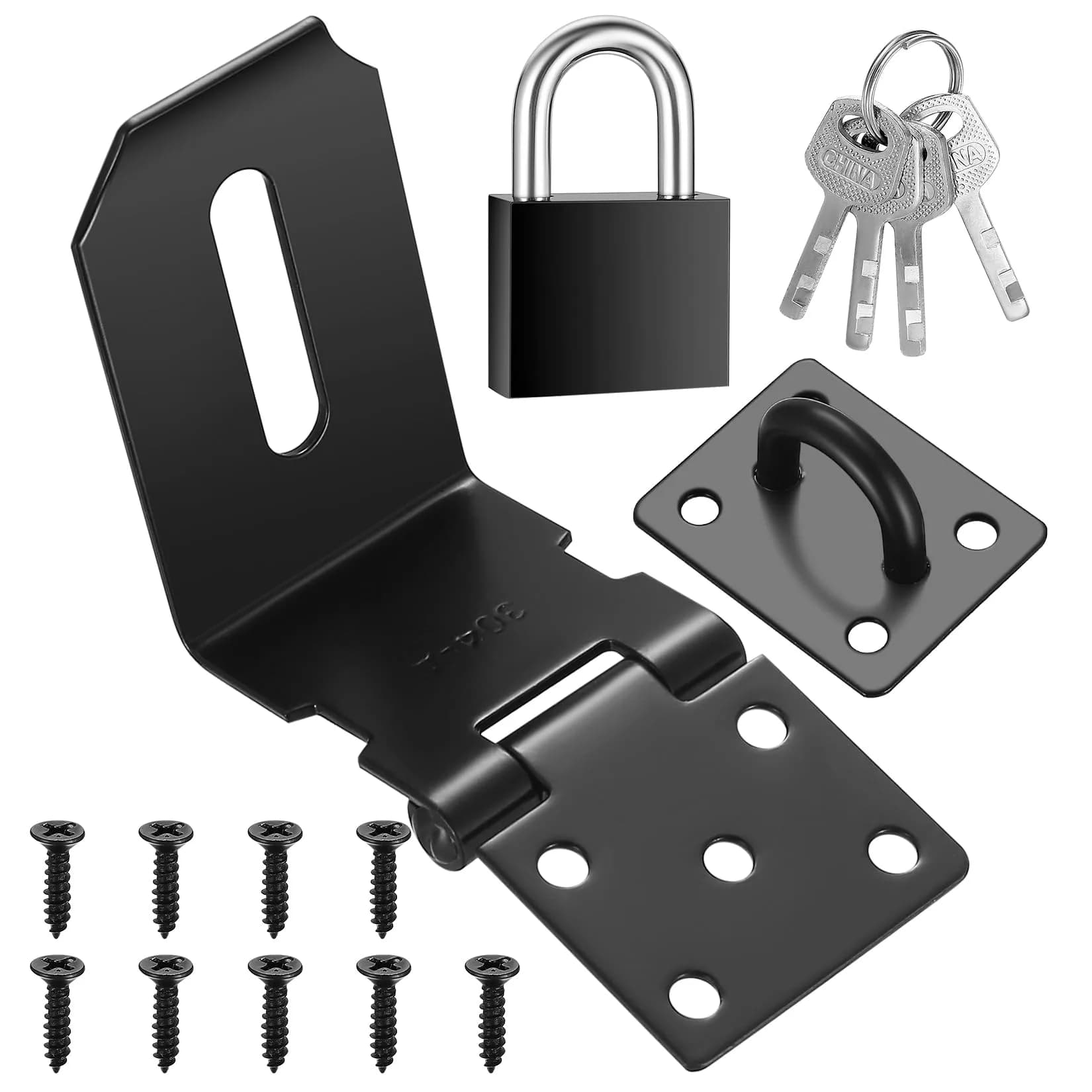 qiwuhai 4 Inch 90° Stainless Steel Padlock Hasp Latch Set with Padlock & Keys | Heavy Duty Security for Doors & Gates